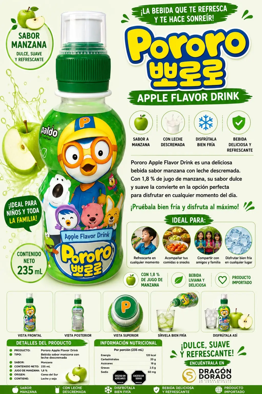 PORORO SABOR LECHE DESCREMADA CON MANZANA 235ML