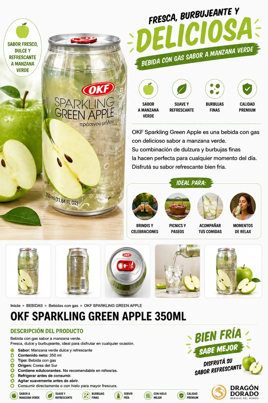 AGUA CON GAS OKF SABOR MANZANA VERDE 350ML